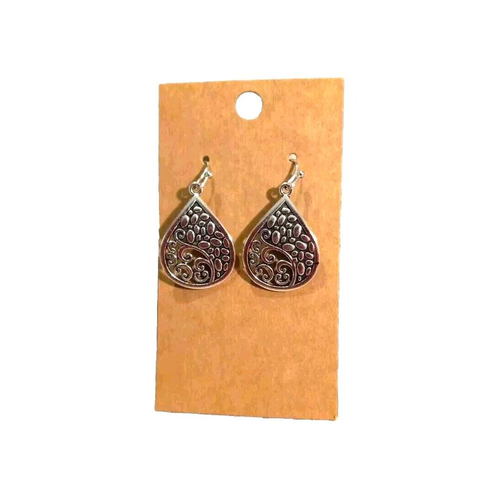 Silver And Black Tone Dangle Earrings Tear Drop Stone And Vine Design Boho...